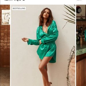 Emerald floral print mini silk shirt dress